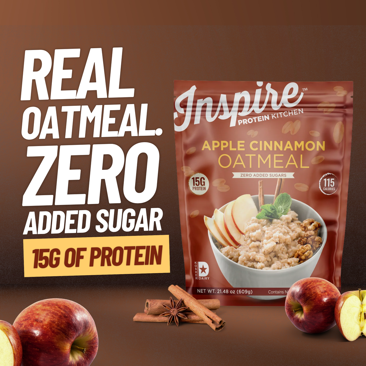 Apple Cinnamon Oatmeal with 15 grams of protein. 