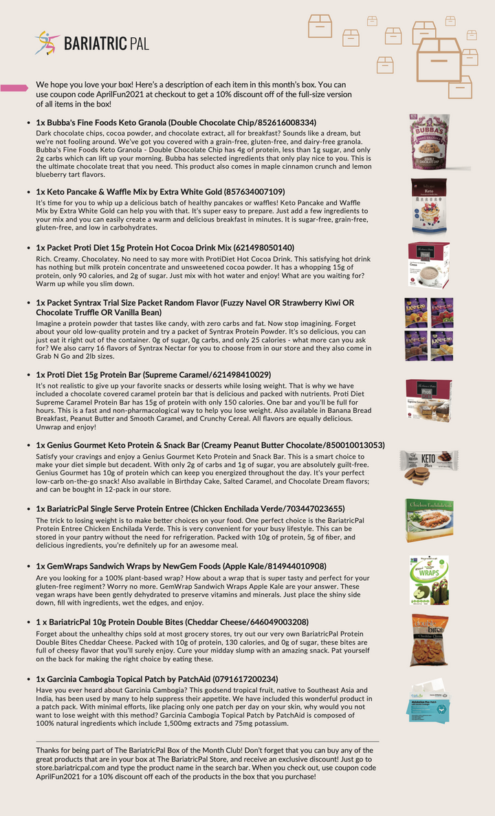 A list of bariatric-friendly food products with descriptions, including items like keto granola, protein snacks, and entrees, displayed on a white background with various packaging designs.