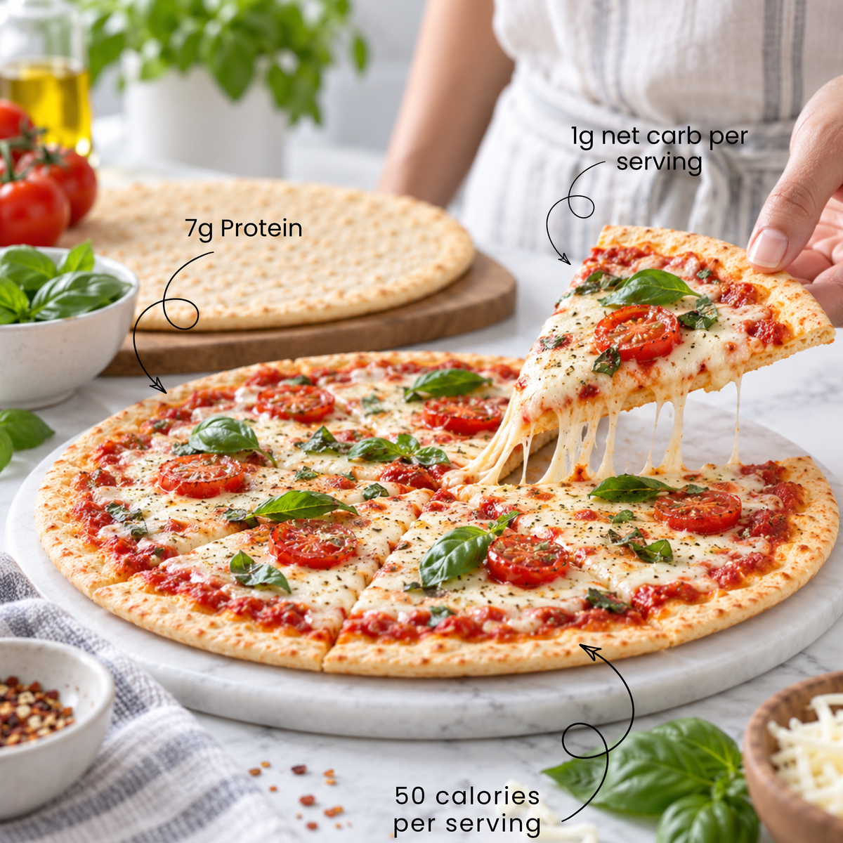 Inspire Artisan Thin Pizza Crust twin-pack packaging with Nutrition Facts, ingredients, preparation directions and storage instructions. Each quarter crust has 50 calories, 1 gram of net carbs and 7 grams of protein.