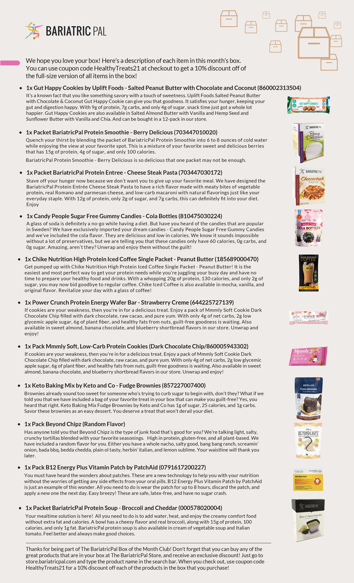 A colorful product list showcases various healthy snacks and meal options, including protein smoothies, cookies, and pasta, with descriptions highlighting their nutritional benefits and flavors.