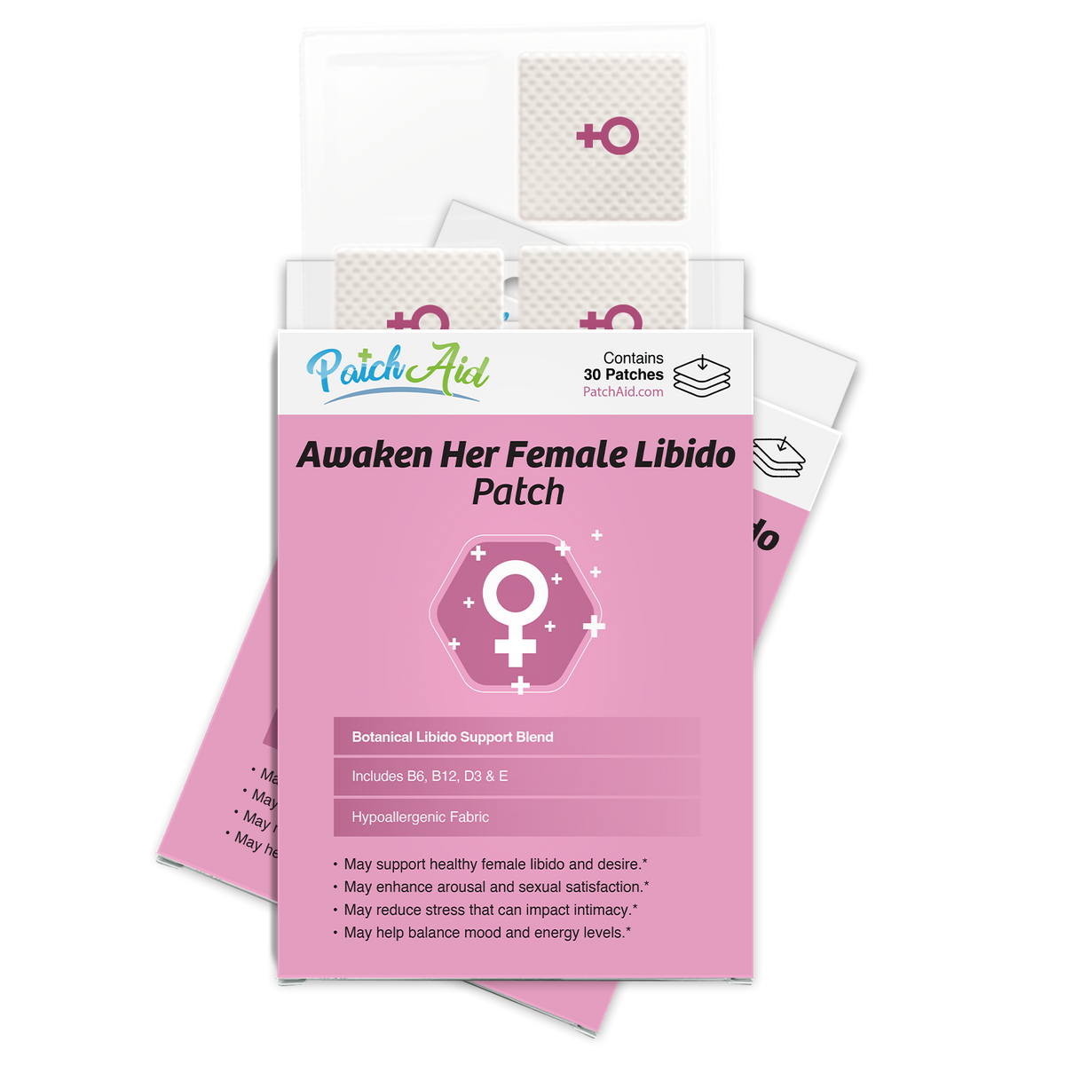 A package of "Awaken Her Female Libido Patch" featuring pink design, a female symbol, and text highlighting benefits like mood balance and libido support, with 30 patches inside.