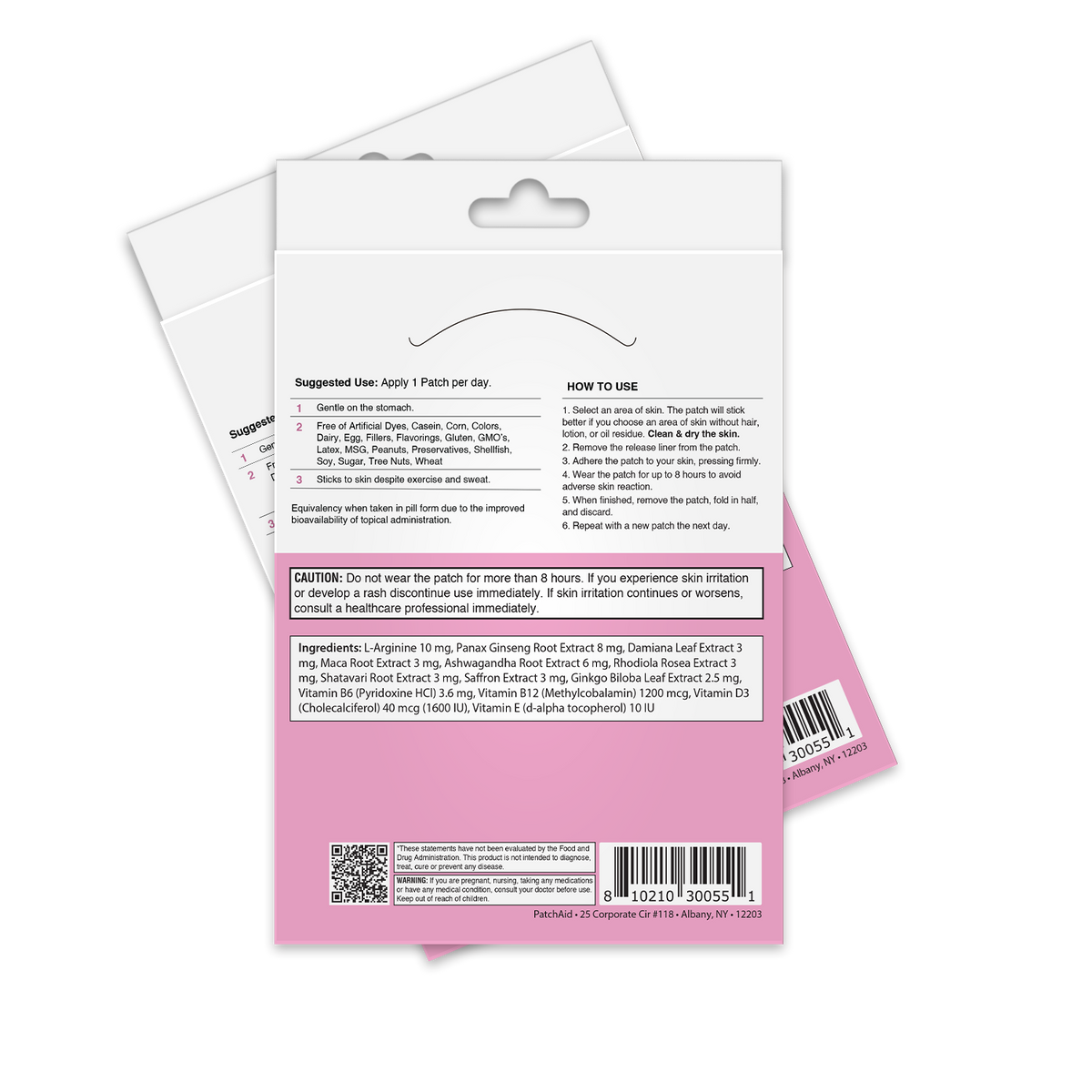 A product packaging for a skin patch features usage instructions, ingredients list, and cautionary notes, with a pink background and a barcode at the bottom.