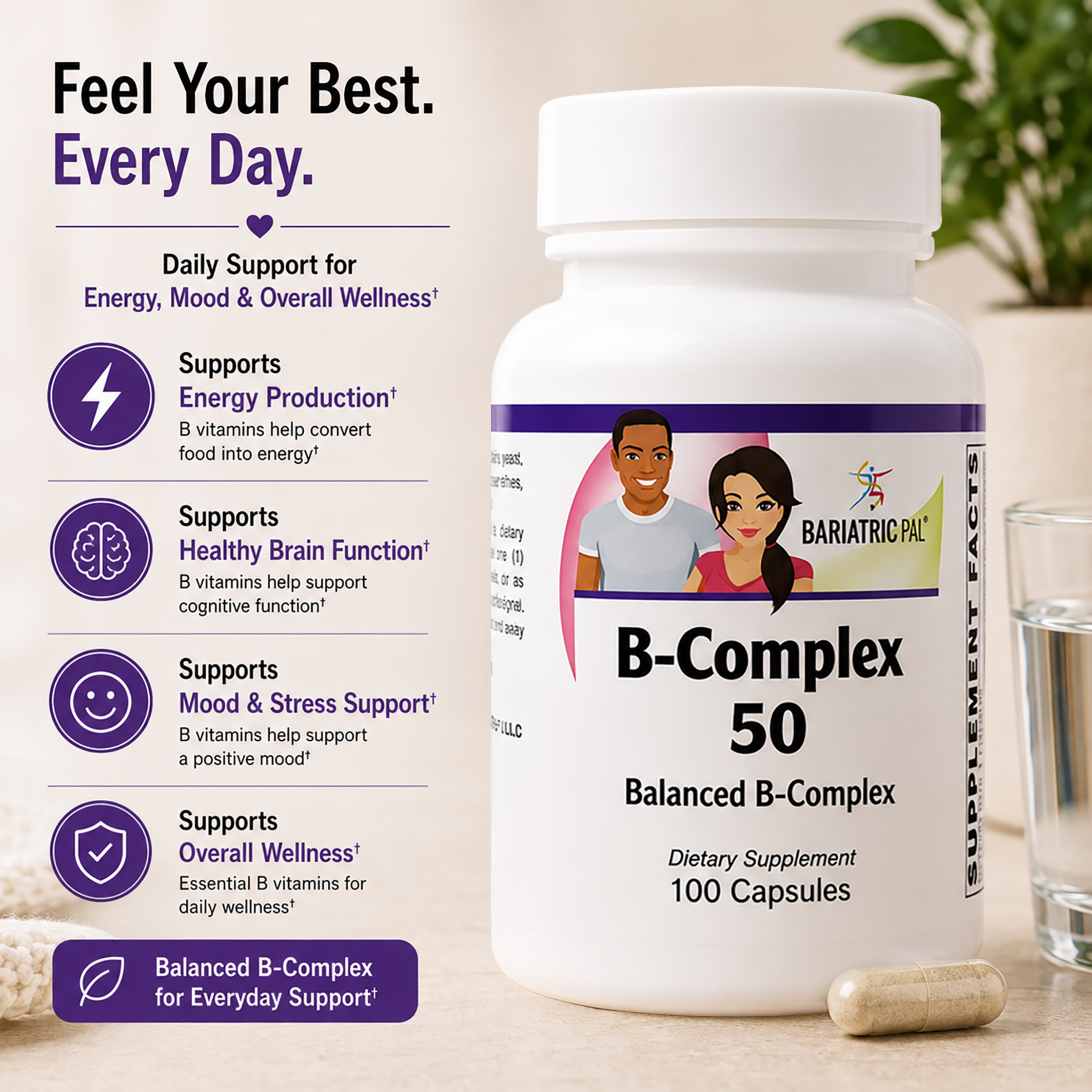 Sustained Release B‑Complex 50 vegetarian capsules by BariatricPal with key features listed out to the side.