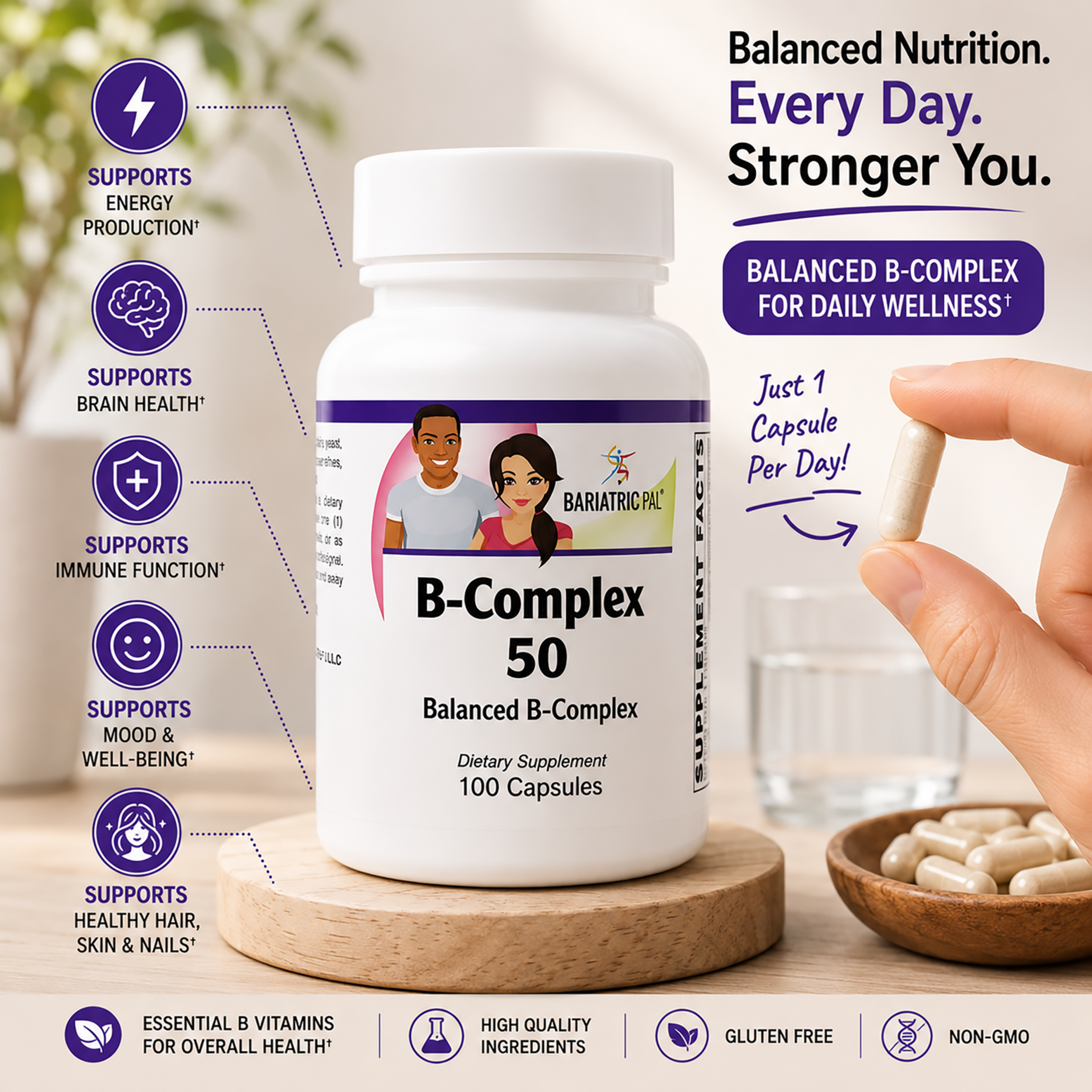 Sustained Release B‑Complex 50 vegetarian capsules by BariatricPal with key features listed out to the side.