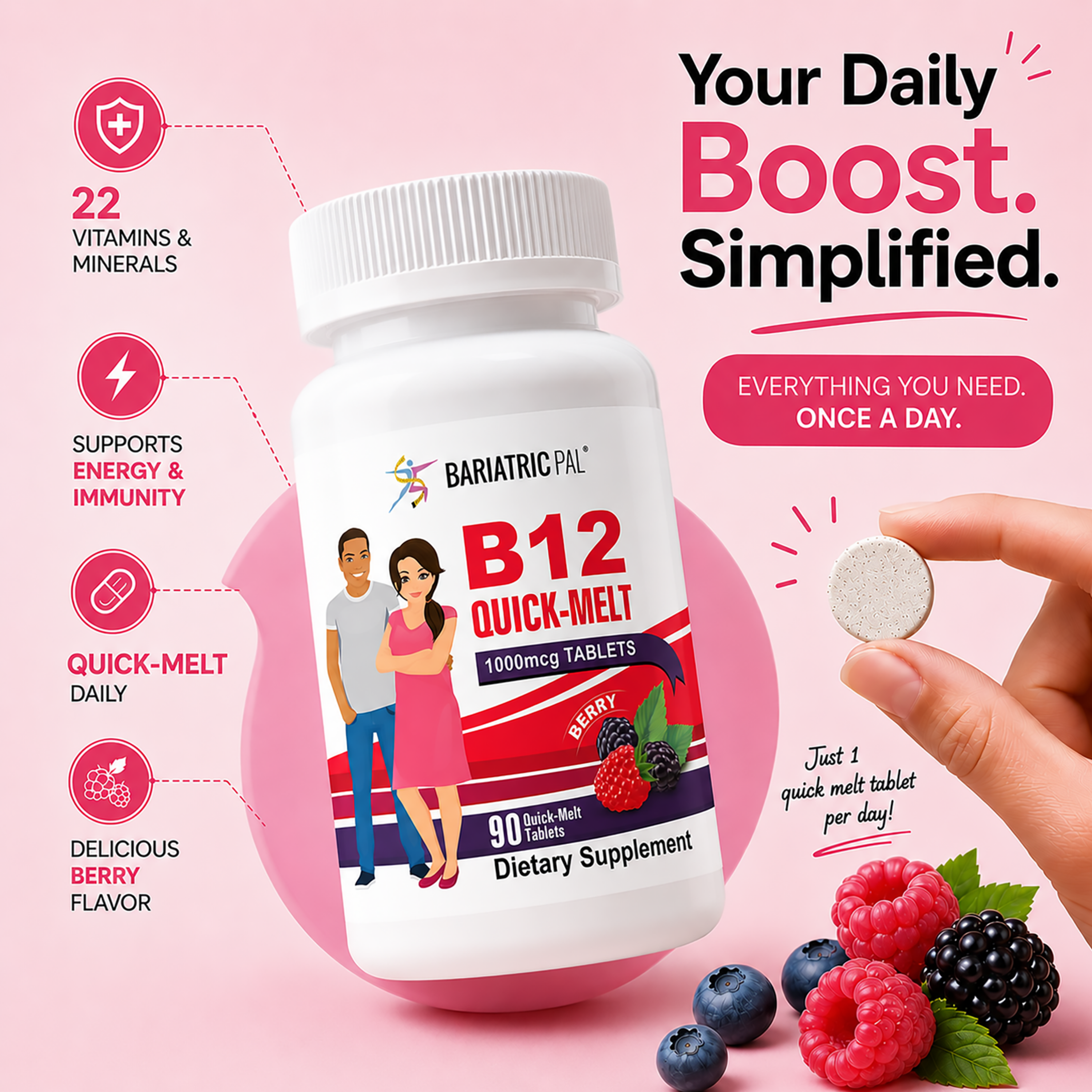 BariatricPal B12 Quick-Melt 1,000 mcg berry-flavored tablets for daily energy and immune support. Take one quick-melt tablet daily; 90-count bottle.