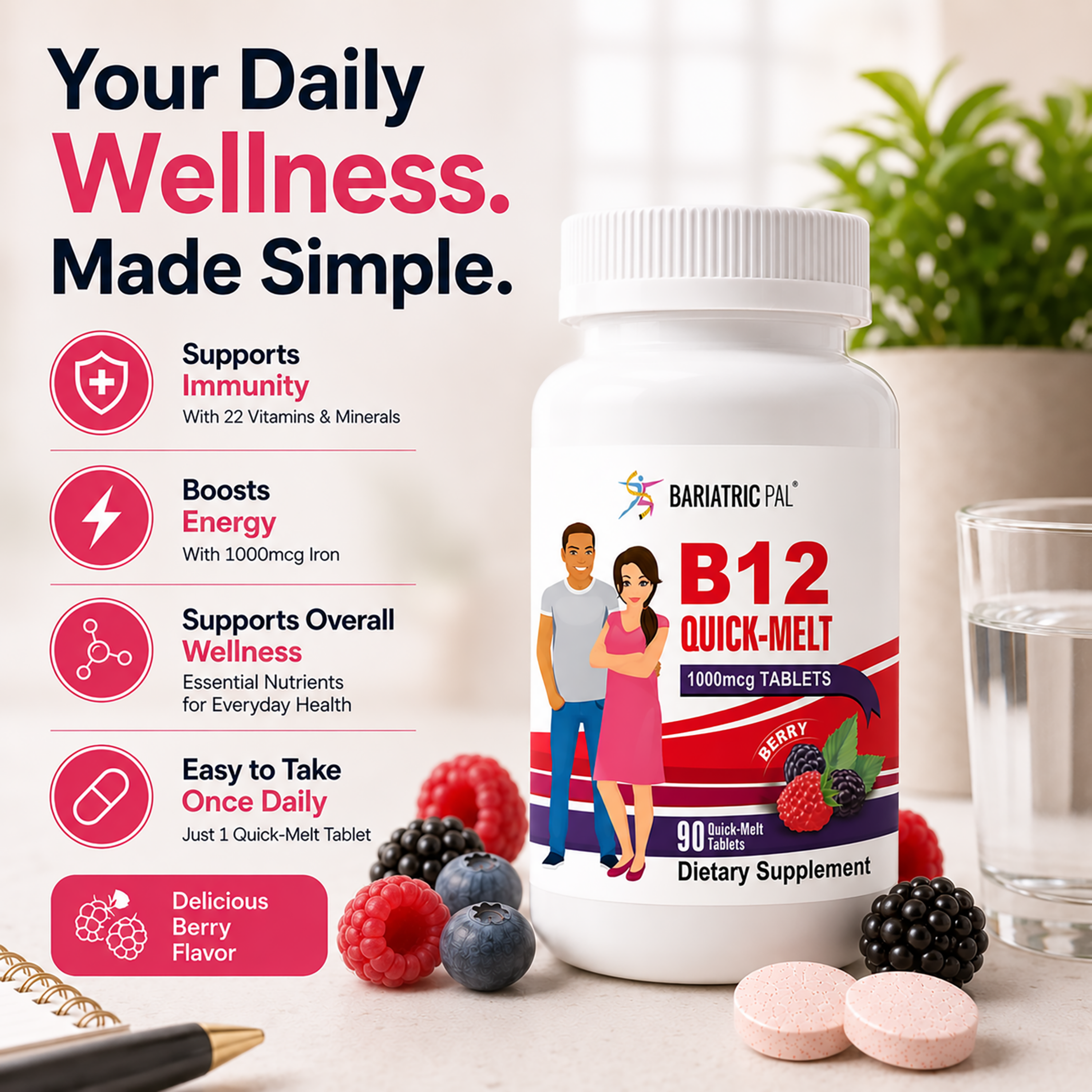 BariatricPal B12 Quick-Melt 1,000 mcg berry-flavored tablets for daily energy and immune support. Take one quick-melt tablet daily; 90-count bottle.