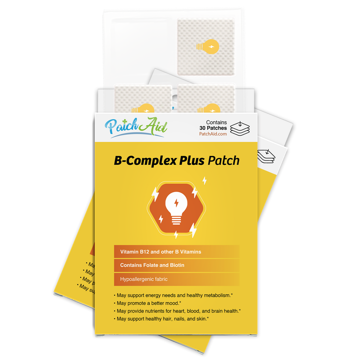 A colorful packaging for PatchAid's B-Complex Plus patches displays a light bulb icon, highlighting benefits like energy support and containing B vitamins, with a note on hypoallergenic fabric.