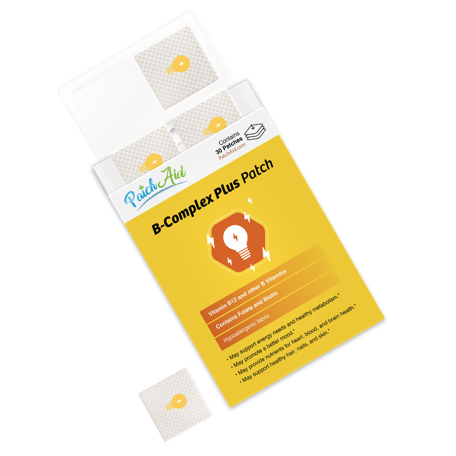A box of B-Complex Plus patches from PatchAid, featuring a bright yellow design, displays the product name and benefits, with two patches partially visible in the foreground.