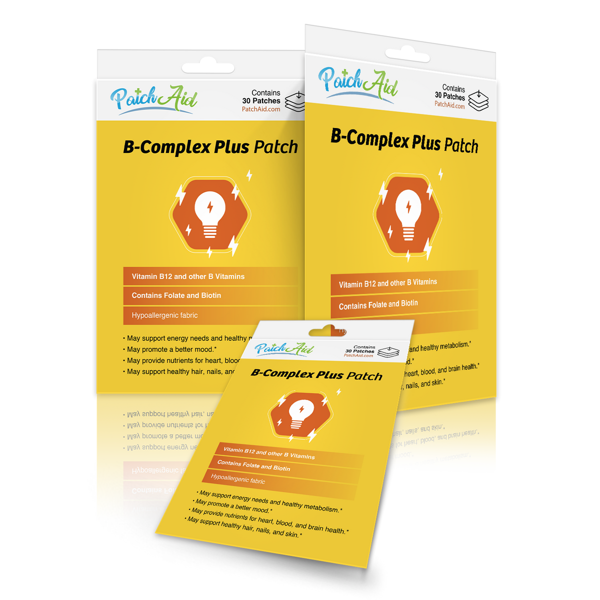 Three packages of B-Complex Plus Patch are displayed, featuring a bright yellow background with text highlighting benefits, including vitamins B12, folate, and biotin, designed for energy and health support.