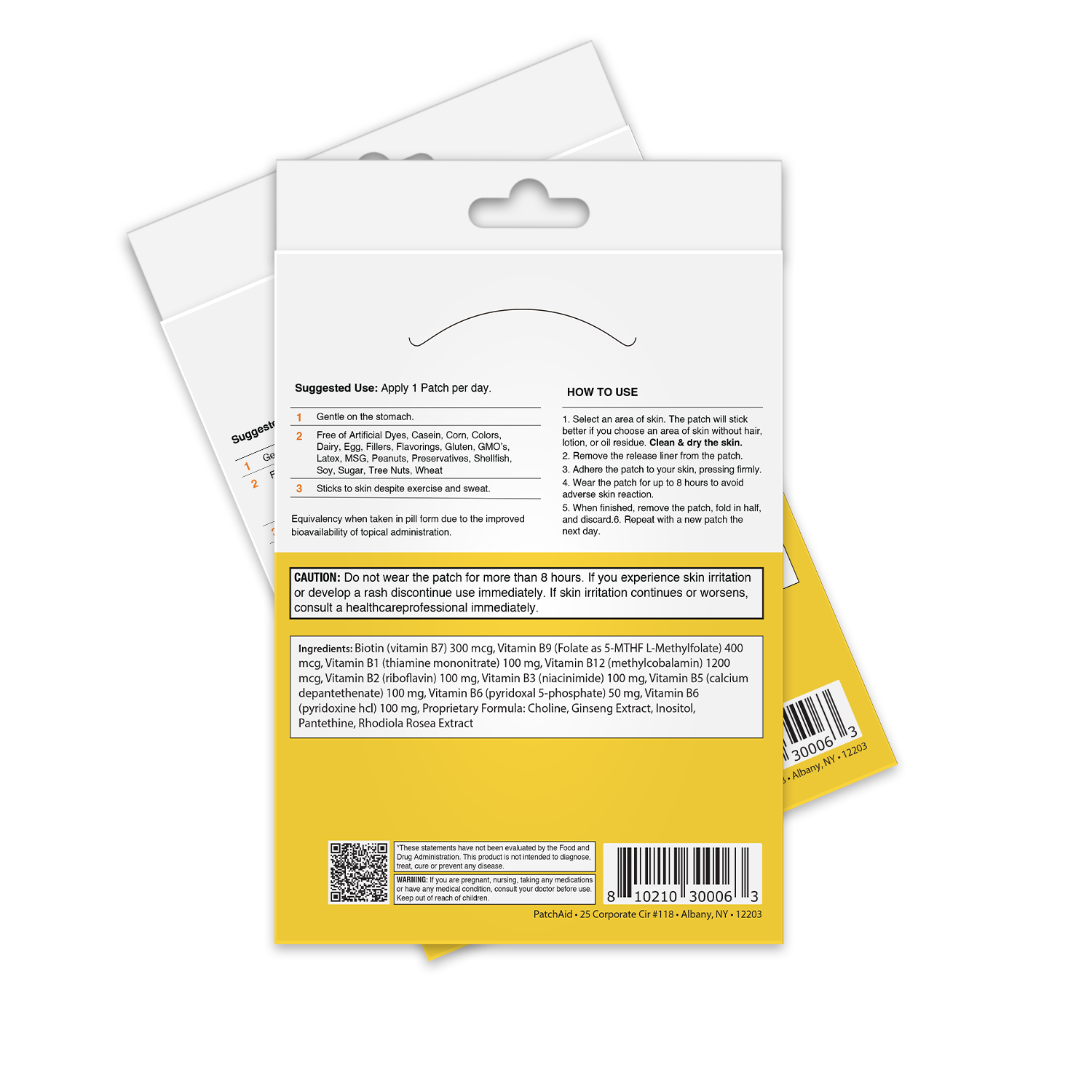 The image shows the back of a vitamin patch packaging with instructions, ingredients, and usage warnings, featuring a yellow background and a barcode at the bottom.