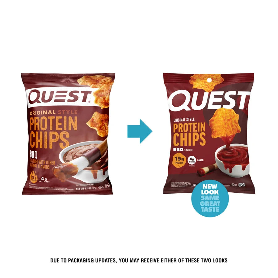 Two bags of Quest BBQ Protein Chips are shown side by side, with the left bag featuring a brown design and the right bag displaying a red design, both highlighting protein content and a note about packaging updates.