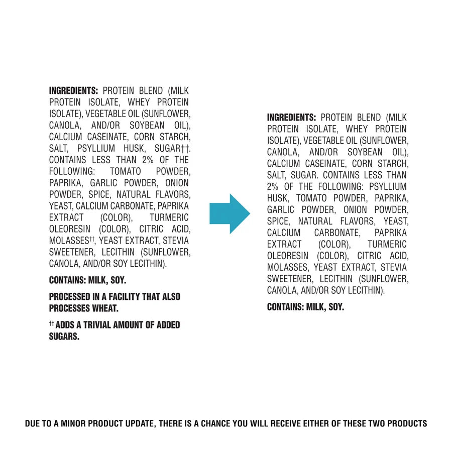 A product label displays two ingredient lists for a protein blend, highlighting differences in components, with a note about potential variations due to a minor product update.