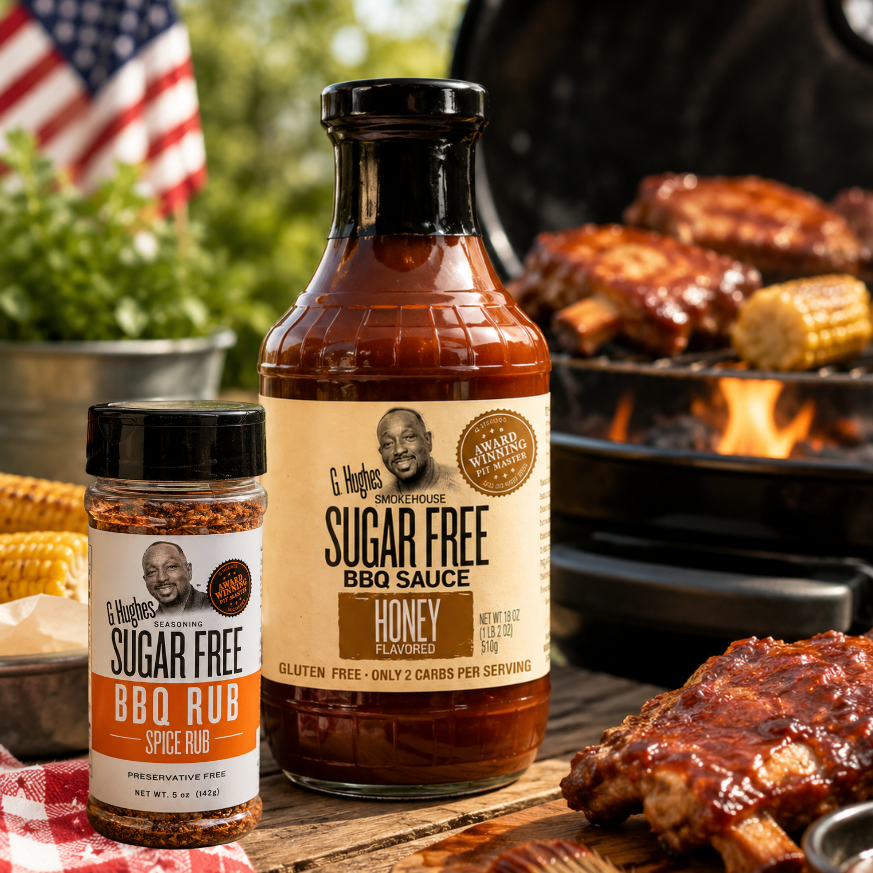G Hughes Smokehouse sugar-free BBQ sauce and rub with a grill and food in the background