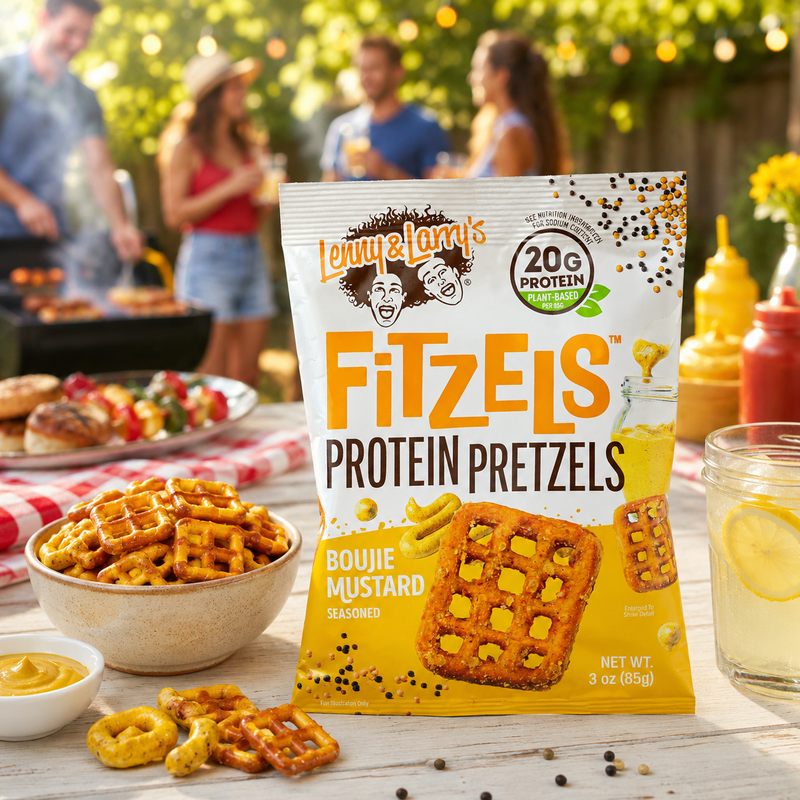 Packaging of Lenny & Larry's Fitzels Protein Pretzels with mustard flavor on a table outdoors.