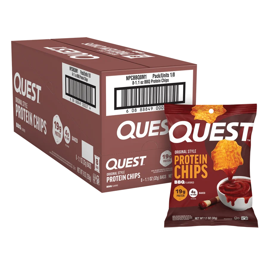 A box of Quest BBQ flavored protein chips is shown alongside an open bag, highlighting the product's branding, nutritional information, and serving size.