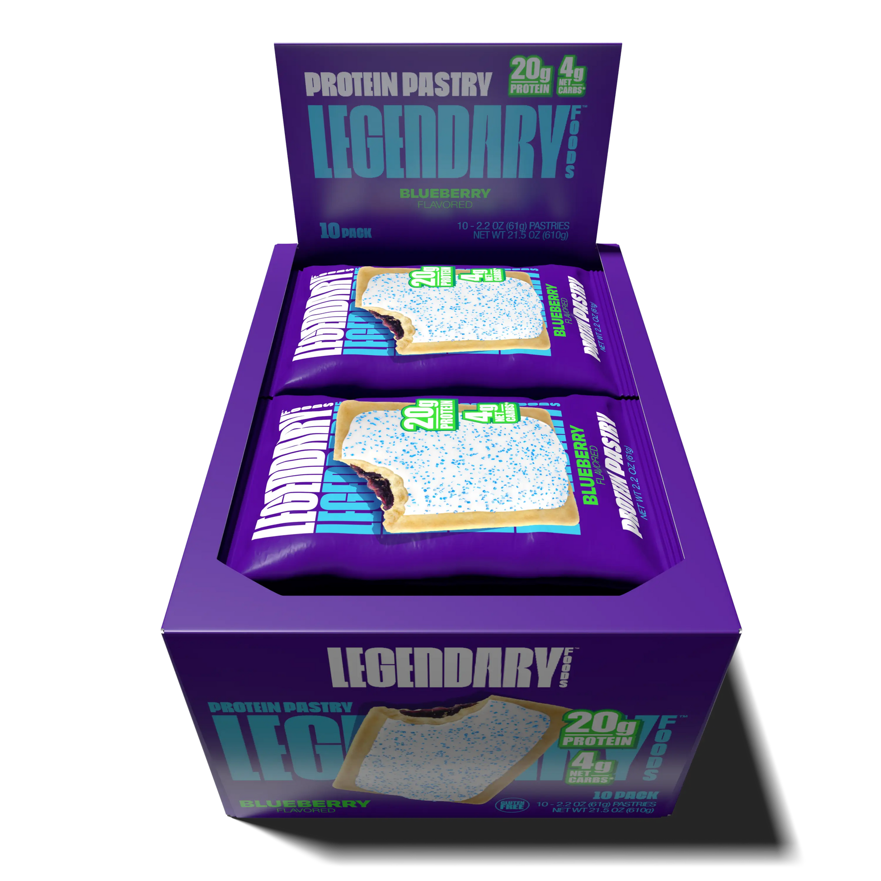 A box of Legendary Protein Pastry in blueberry flavor, featuring two pastries with a bite taken out, displays nutritional information highlighting 20 grams of protein and 4 grams of carbs per pastry.