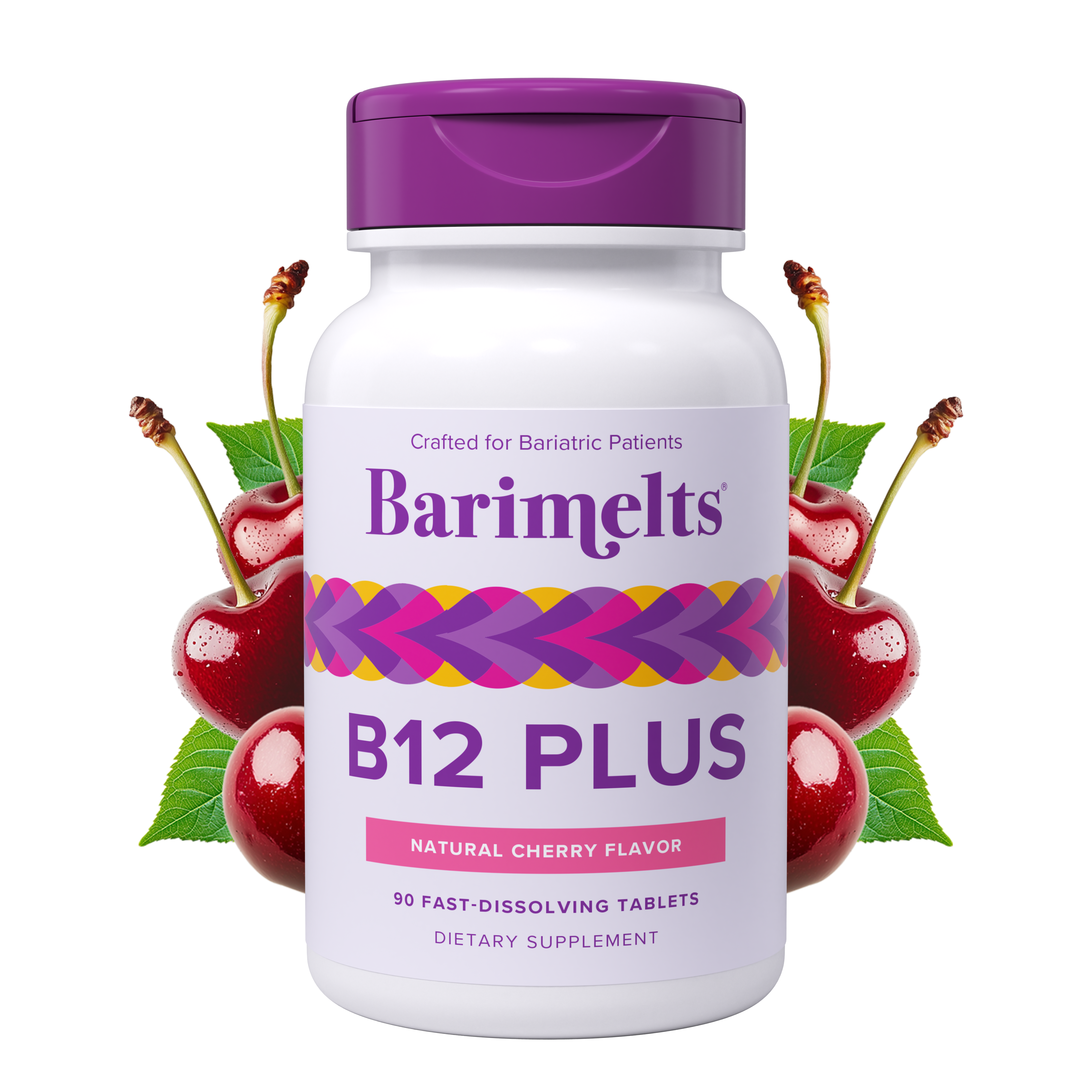 Barimelts B12 Plus dietary supplement in a white bottle with a purple lid, featuring 90 fast-dissolving cherry-flavored tablets, designed for bariatric patients.