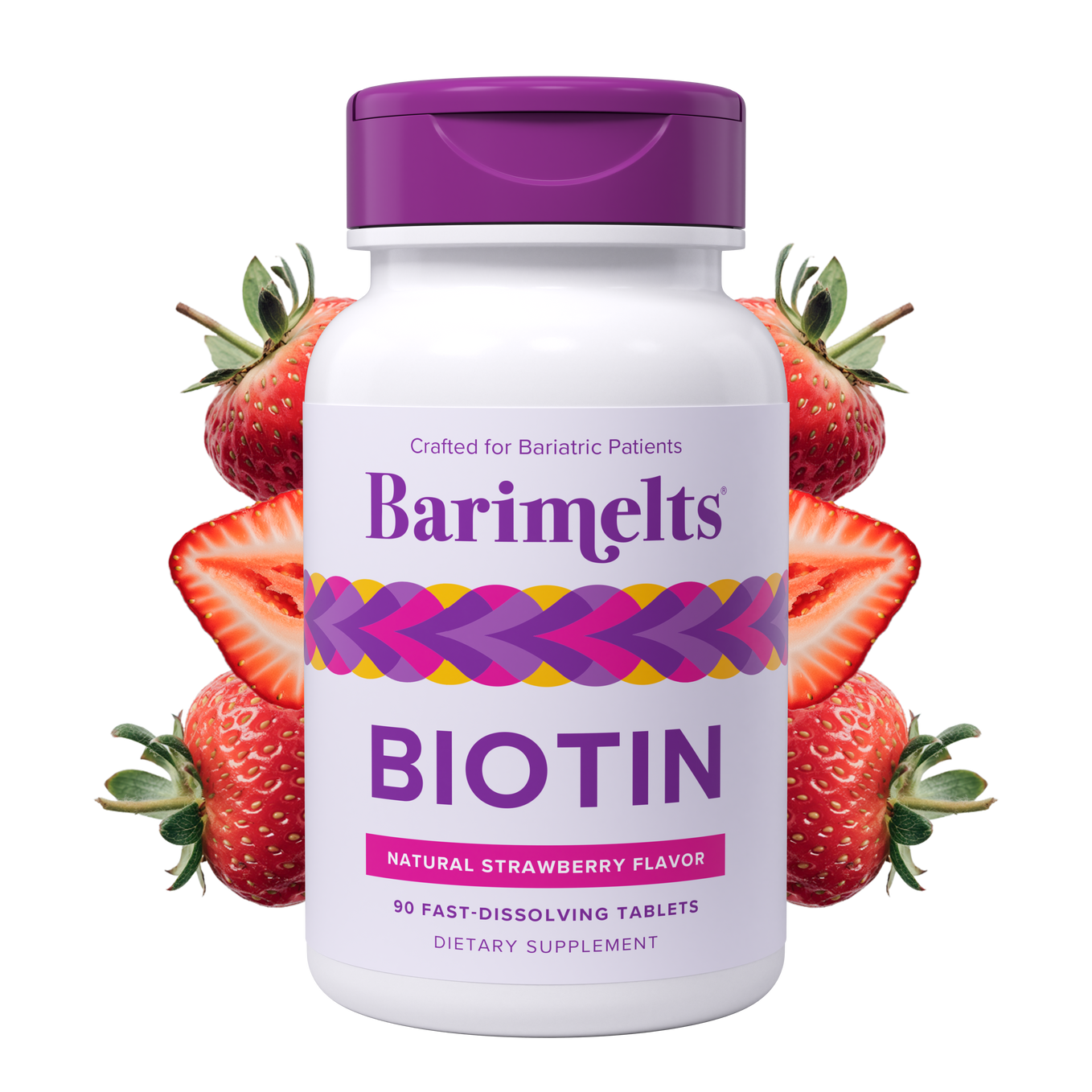 Barimelts Biotin dietary supplement in a white bottle with a purple lid contains 90 fast-dissolving tablets with a natural strawberry flavor, designed for bariatric patients.
