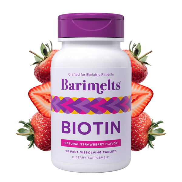 Barimelts Biotin dietary supplement in a white bottle with a purple lid contains 90 fast-dissolving tablets with a natural strawberry flavor, designed for bariatric patients.