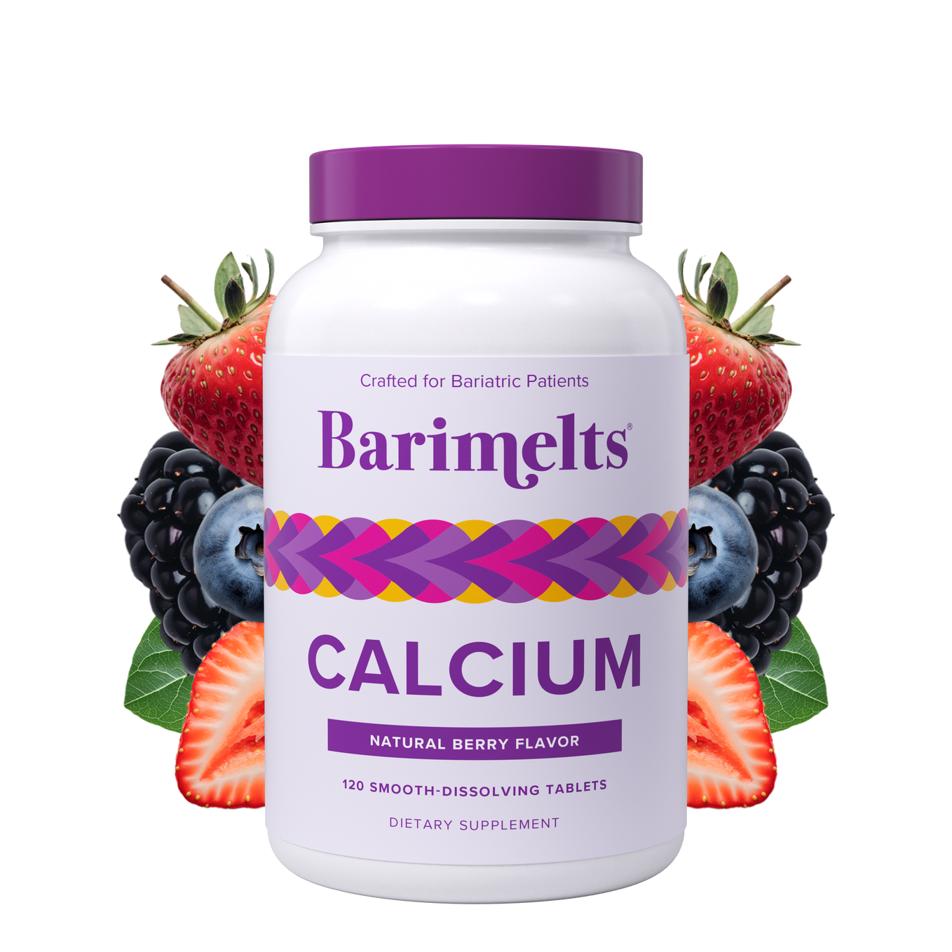 Barimelts Calcium dietary supplement in a white bottle with a purple lid, featuring 120 smooth-dissolving tablets with a natural berry flavor, designed for bariatric patients.