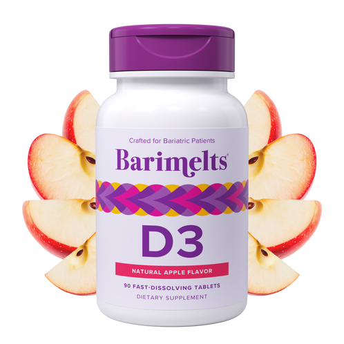 White bottle of Barimelts D3 dietary supplement with a purple cap, featuring 90 fast-dissolving tablets in natural apple flavor, surrounded by apple slices.