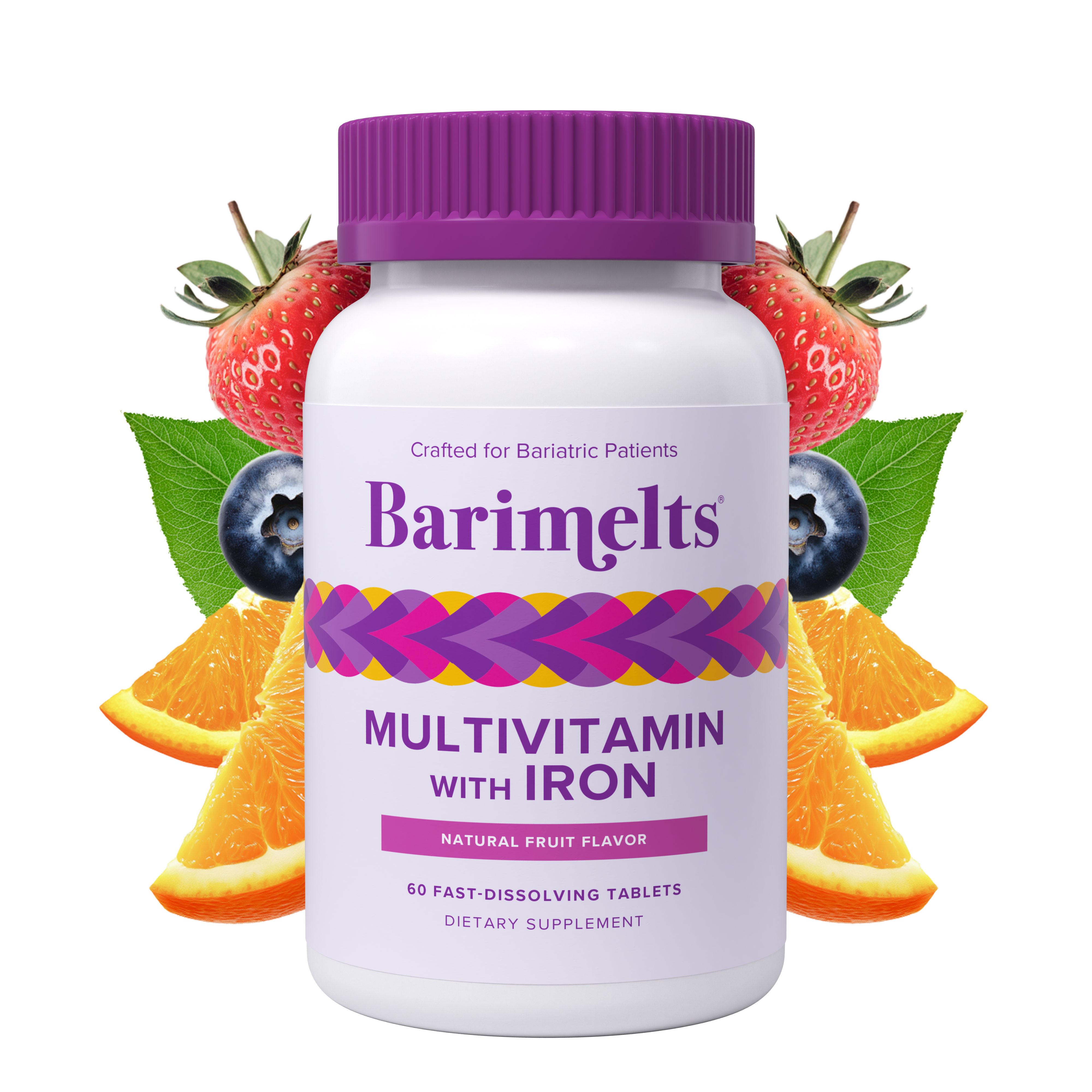 A white bottle of Barimelts multivitamin with iron is surrounded by colorful fruits like strawberries, blueberries, and oranges, emphasizing its natural fruit flavor and suitability for bariatric patients.