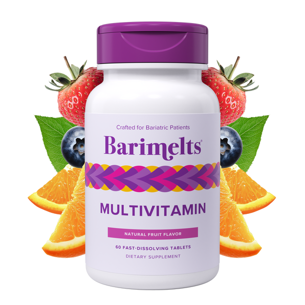 Barimelts Multivitamin in a white bottle with a purple lid contains 60 fast-dissolving tablets, featuring a natural fruit flavor, designed for bariatric patients.