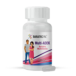 A white bottle labeled "Multi-ADEK" from Bariatric Pal contains bariatric multivitamins, with a gray tablet beside it and illustrations of a man and woman on the label.