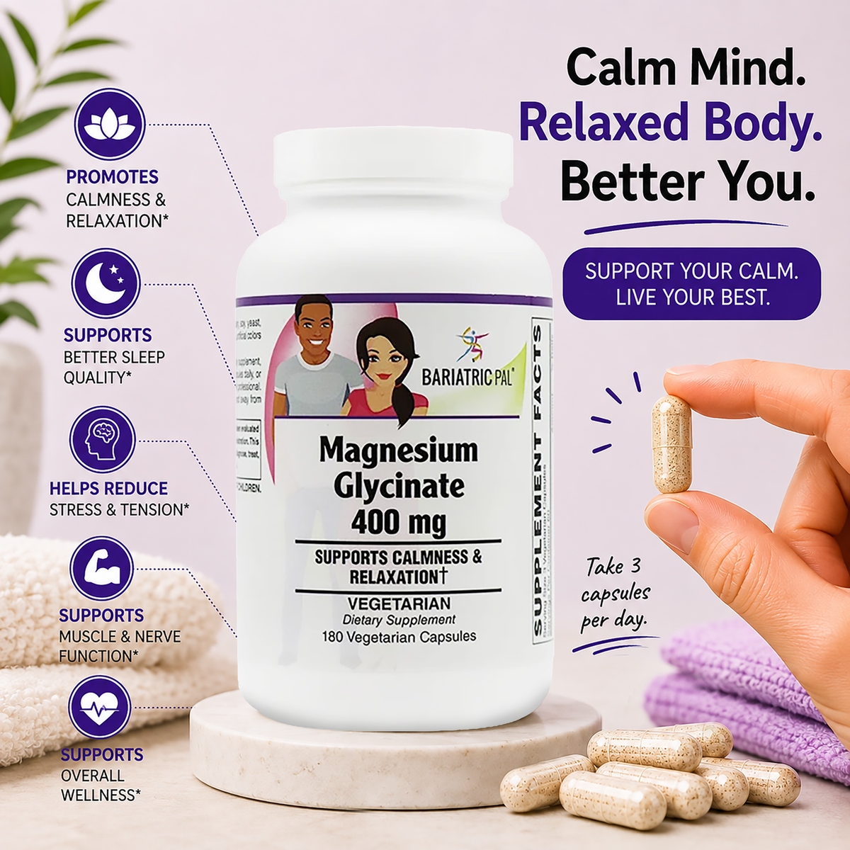 Magnesium Glycinate (400mg) Vegetarian Capsules by BariatricPal