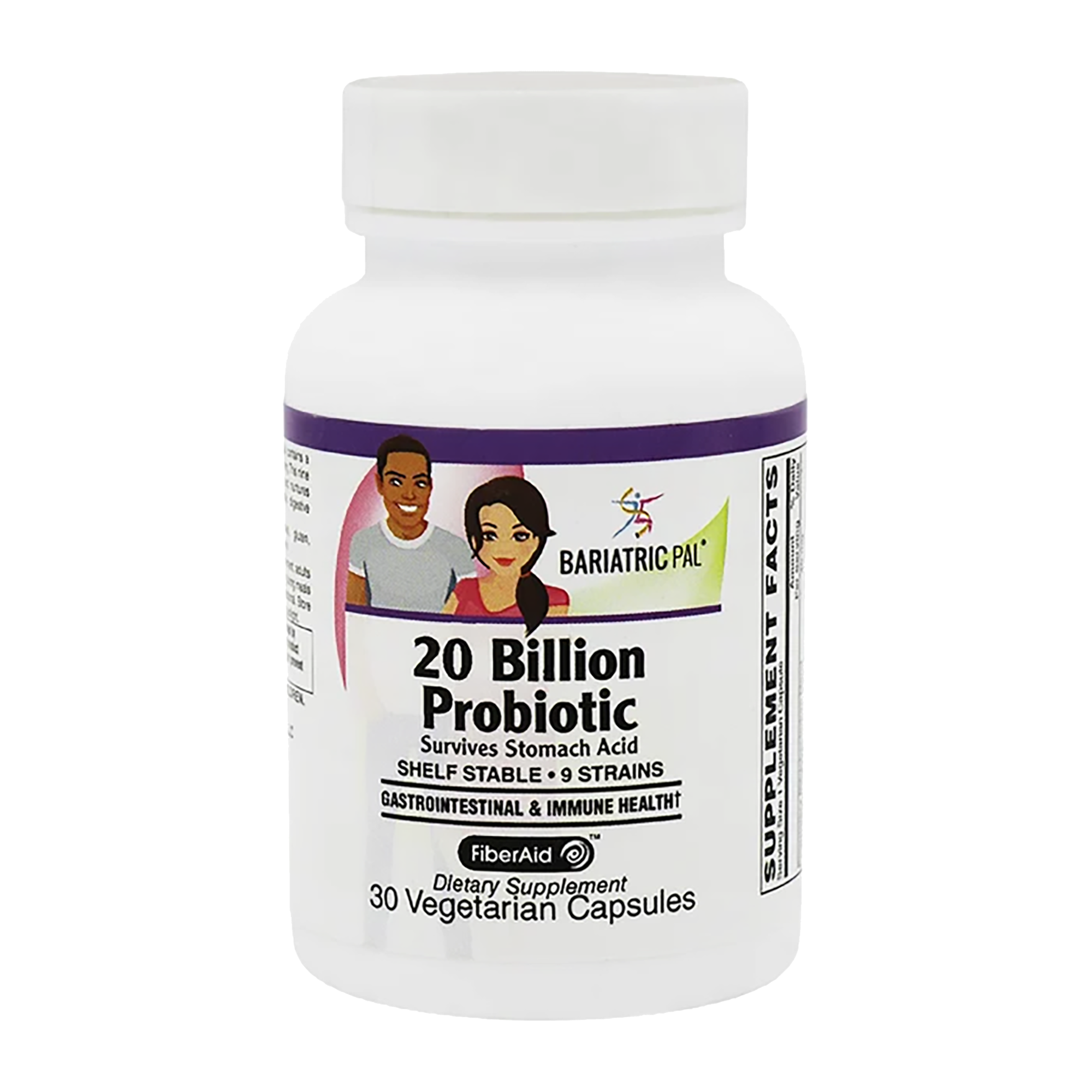 Bottle of BariatricPal 20 Billion Probiotic with nine shelf-stable strains and FiberAid prebiotic to support digestive and immune health. Contains 30 vegetarian capsules.