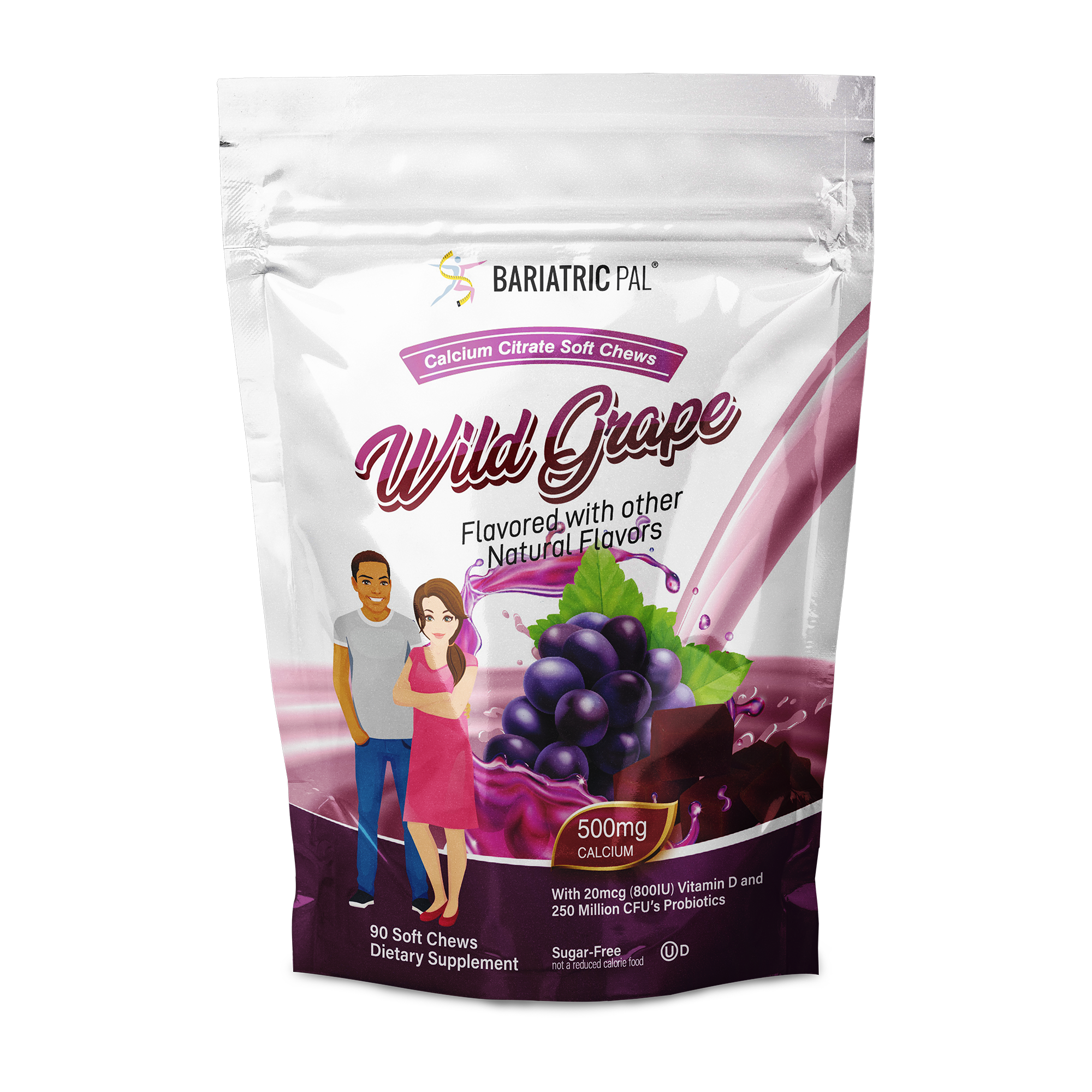 A stand-up pouch of BariatricPal Wild Grape Calcium Citrate Soft Chews, featuring a white and purple design with illustrations of a man and woman and a graphic of purple grapes.