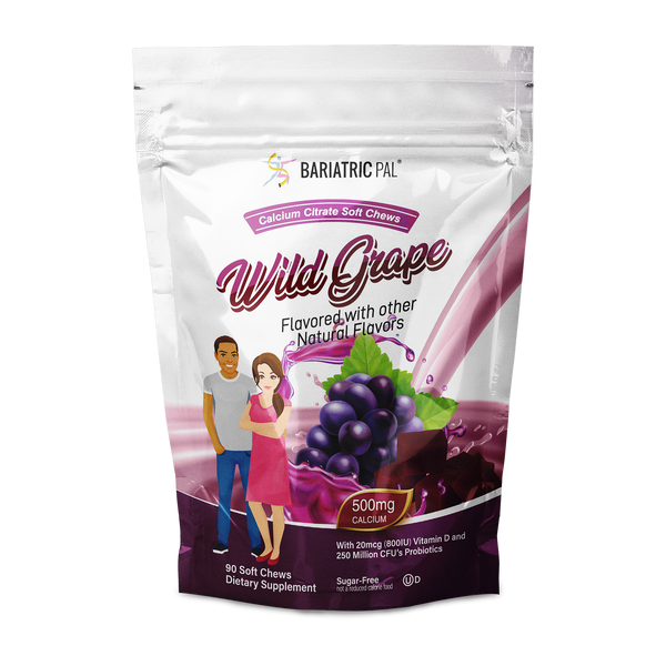 A stand-up pouch of BariatricPal Wild Grape Calcium Citrate Soft Chews, featuring a white and purple design with illustrations of a man and woman and a graphic of purple grapes.