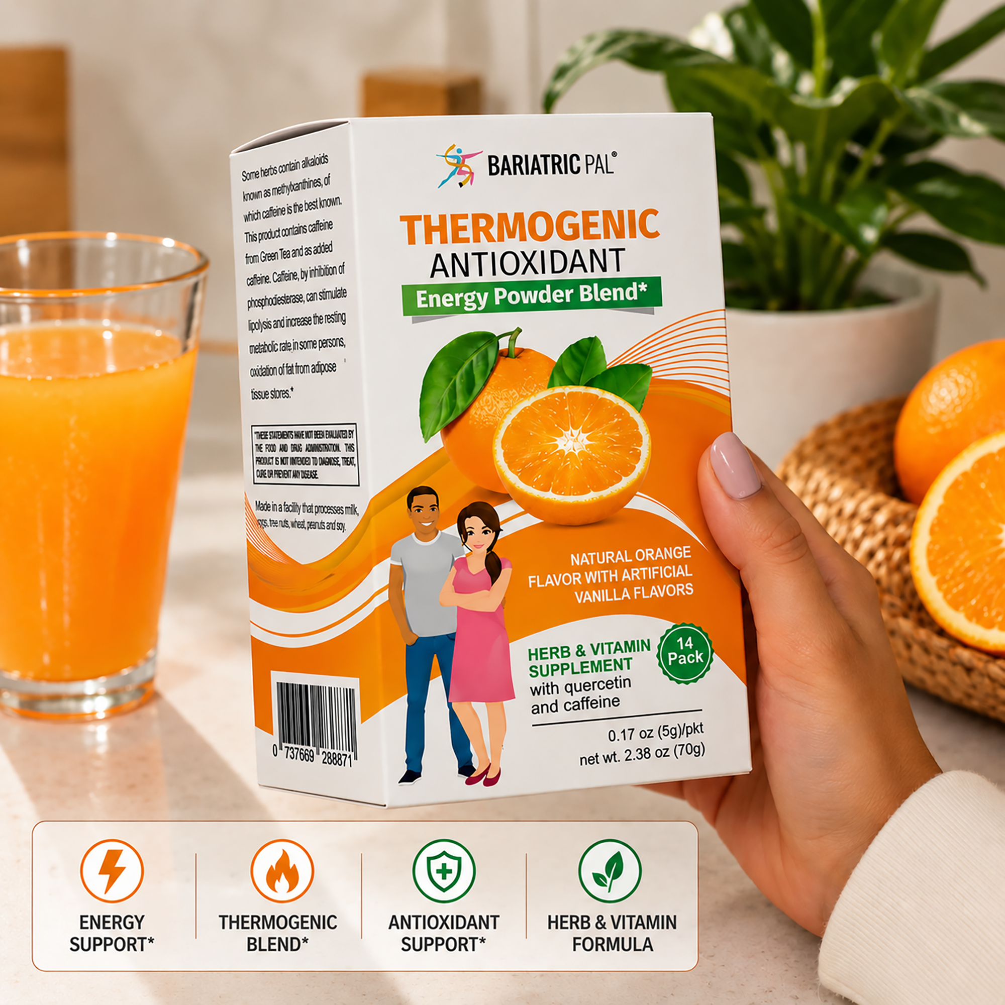 BariatricPal Thermogenic Antioxidant Energy Powder Blend in natural orange flavor. Contains 14 single-serving packets with Quercetin and caffeine.