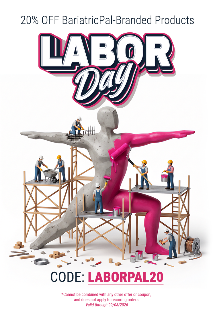 A large, partially painted sculpture of a person is surrounded by small construction workers on scaffolding, promoting a Labor Day sale for BariatricPal products with a discount code.