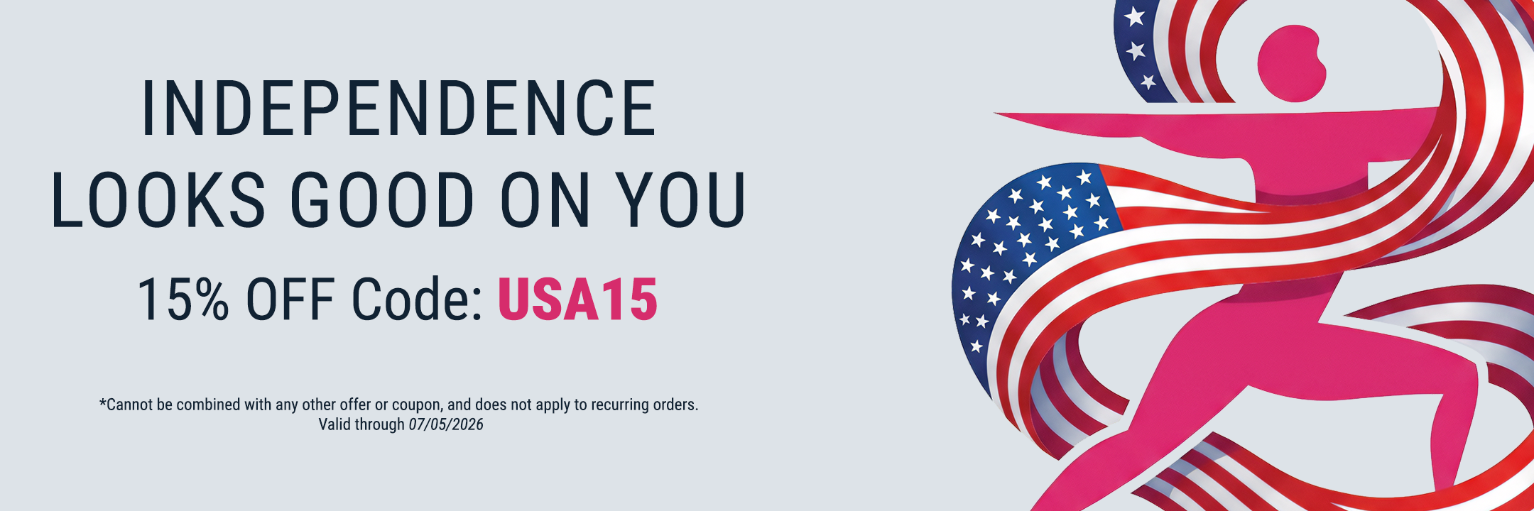 Promotional banner with a running woman holding an American flag, featuring text about a discount offer.