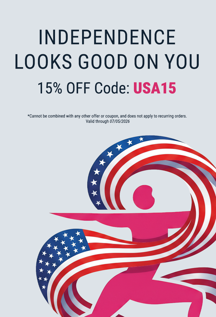 A pink silhouette of a person in a dynamic pose is surrounded by flowing red, white, and blue ribbons, promoting a 15% discount code for Independence Day with text above.