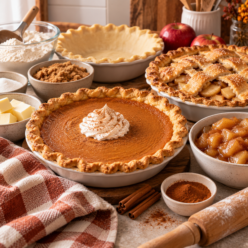 A styled kitchen scene with multiple pies and baking ingredients on a wooden table. The central subject is a pumpkin pie with whipped cream on top, surrounded by apple pie, a lattice-topped pie, bowls of flour, butter, brown sugar, cinnamon, and apples.