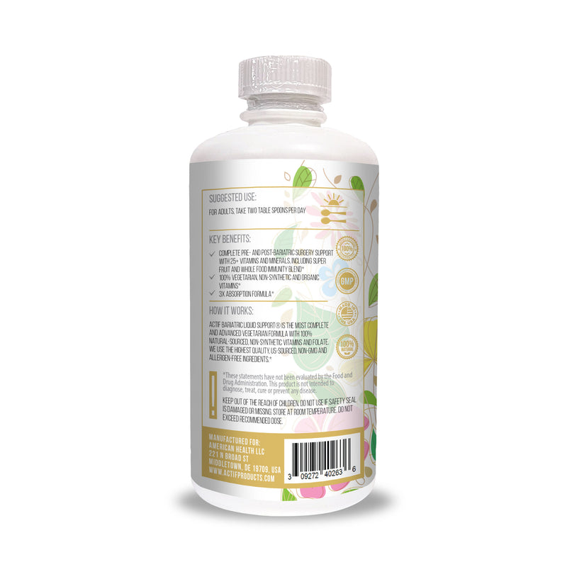 Actif Organic Bariatric Liquid Support With 25+ Organic Vitamins And Minerals For Bariatric Surgery, Advanced Formula – Non GMO, 32 Oz