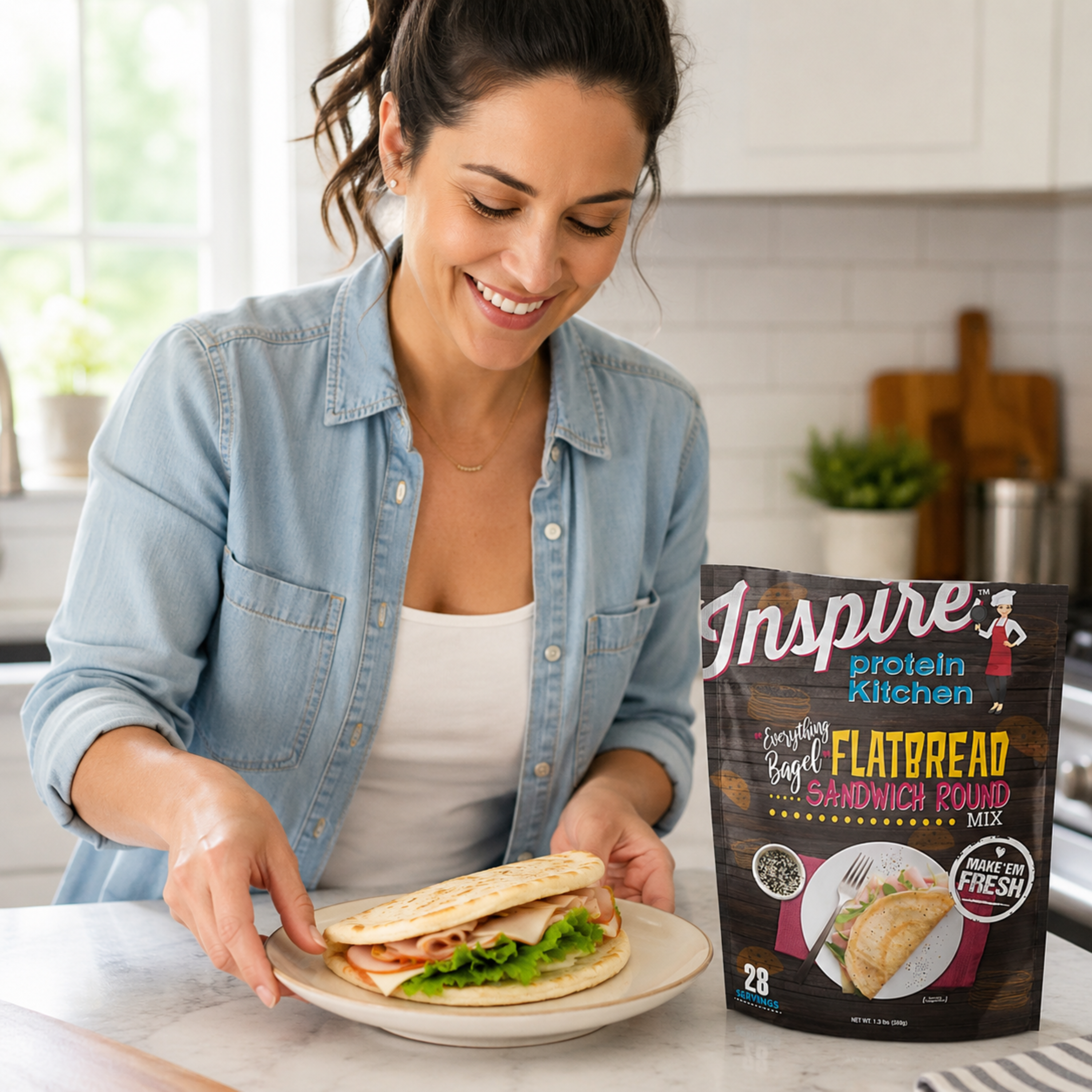 A smiling woman in a denim shirt prepares a sandwich with lettuce and turkey on a plate, while a package of Inspire Protein Kitchen flatbread mix is visible on the kitchen counter.