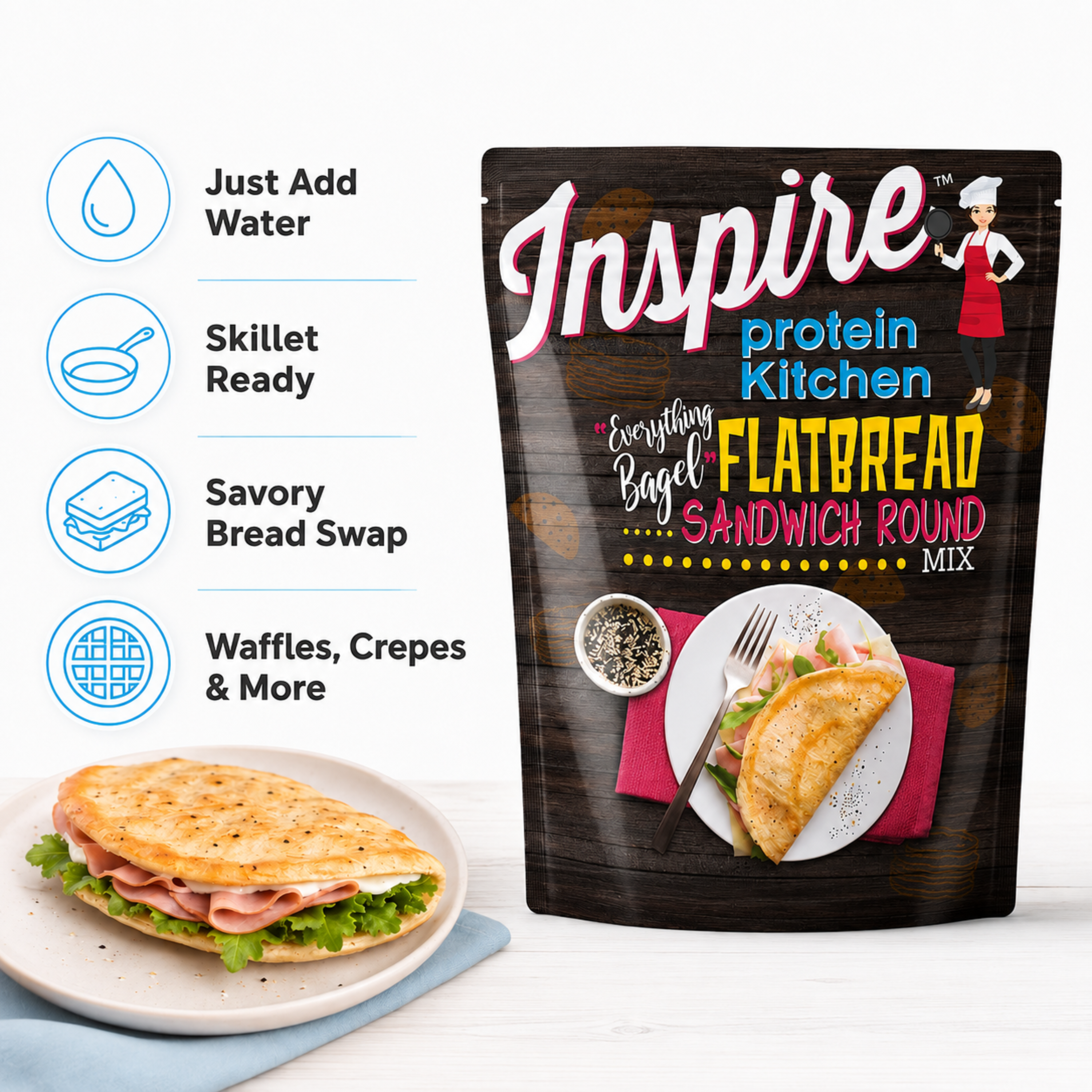 Inspire Everything Bagel Flatbread Sandwich Round Mix, just add water. Each serving has 10 grams of protein, 3 grams of net carbs and 105 calories. Makes 28 servings.