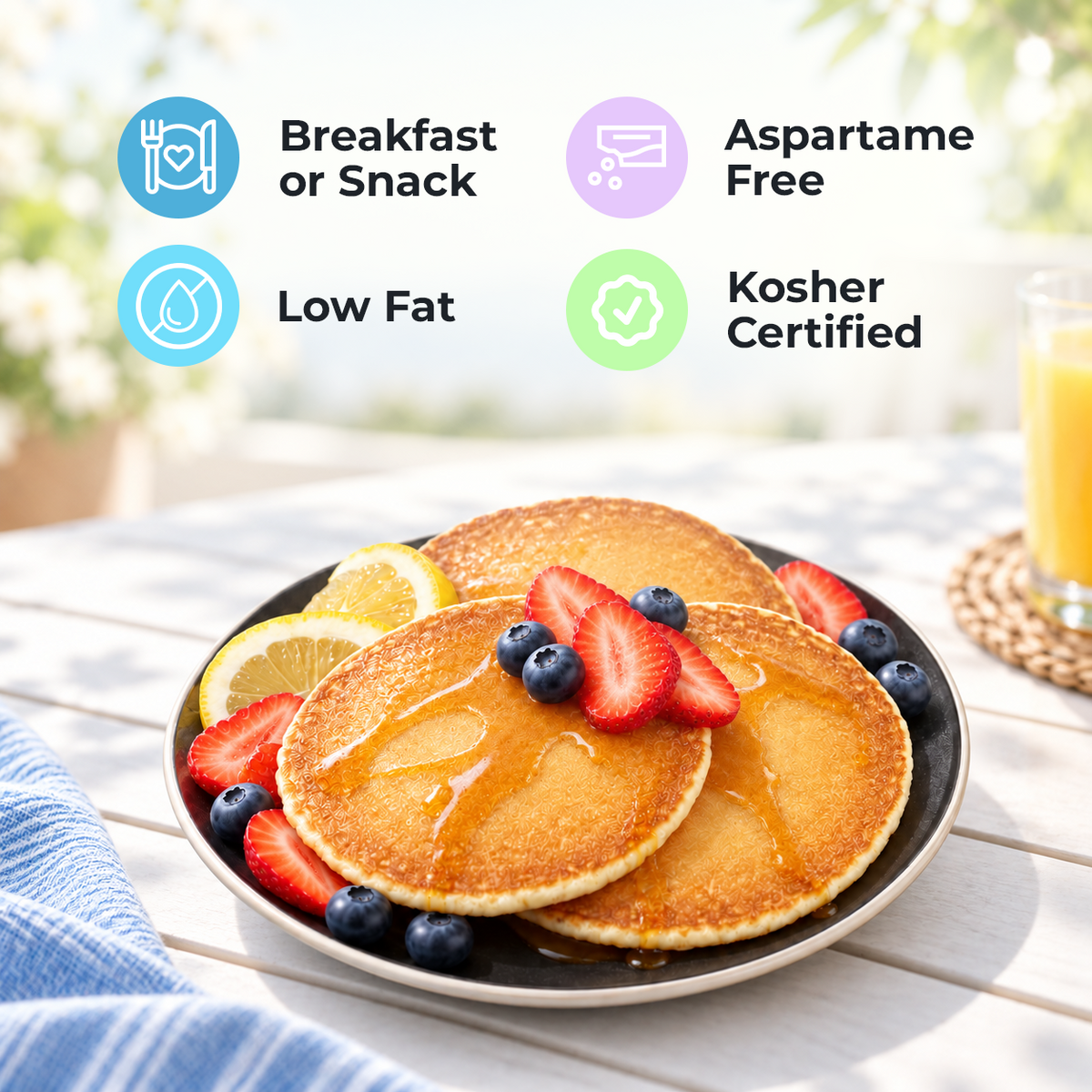 BariatricPal Protein Pancakes, each serving has 120 calories, 12 grams of protein and 5 grams of fiber; seven packets per box.