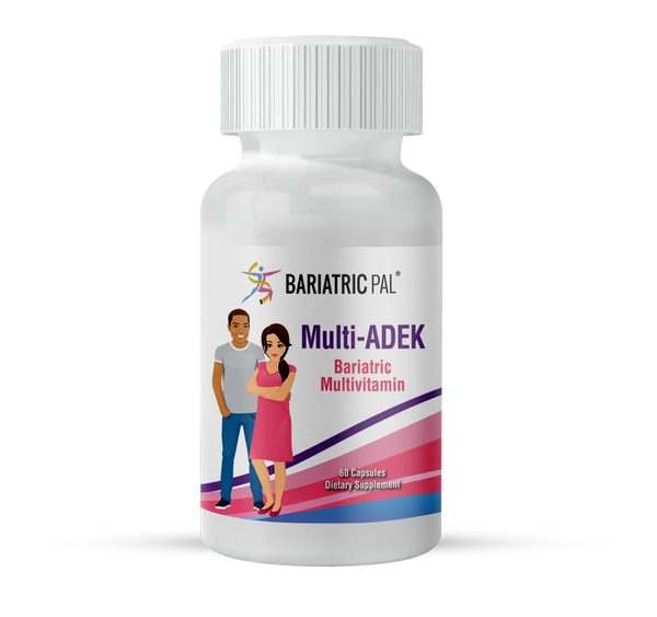 A white bottle labeled "Multi-ADEK Bariatric Multivitamin" features illustrations of a man and woman standing together, promoting a dietary supplement with 60 capsules for bariatric health.