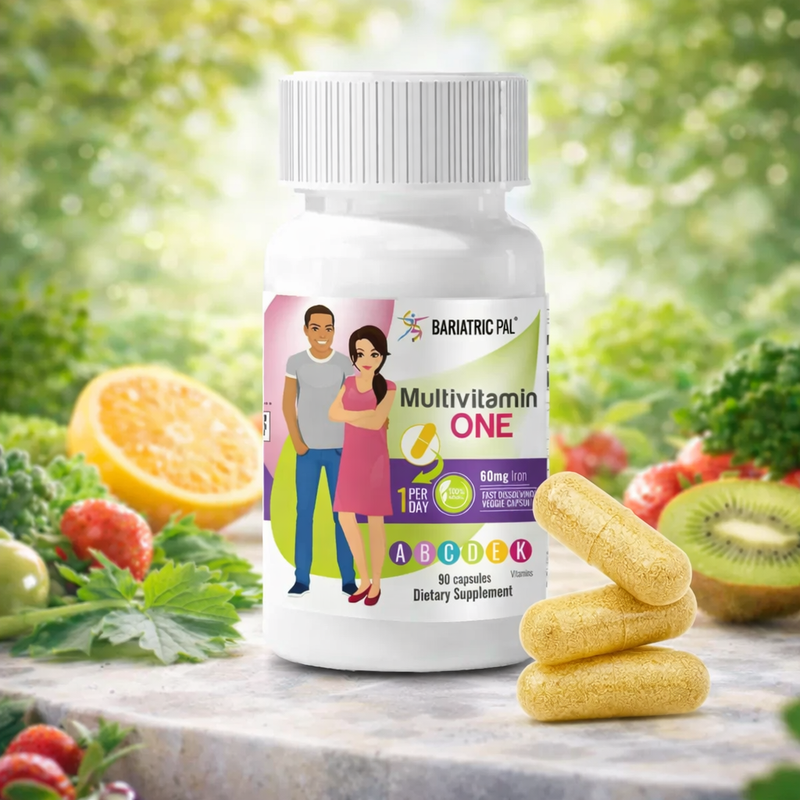 Multivitamin supplement bottle with colorful label on a table with fruits and vegetables