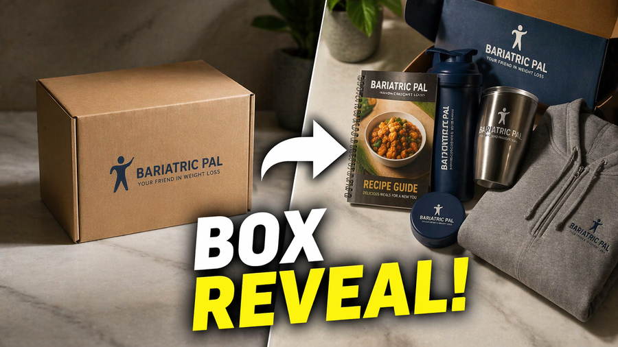 A brown box labeled "Bariatric Pal" sits on a surface, with a recipe guide, shaker, stainless steel cup, and hoodie displayed alongside it, highlighting a product reveal for weight loss support.