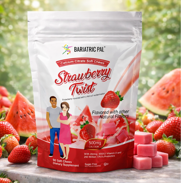 Bariatric Pal Strawberry Twist supplement package with strawberries and watermelon in the background