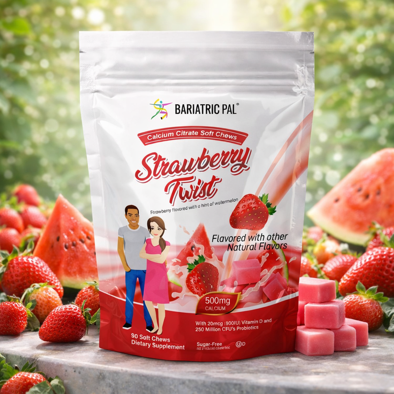 Bariatric Pal Strawberry Twist supplement package with strawberries and watermelon in the background