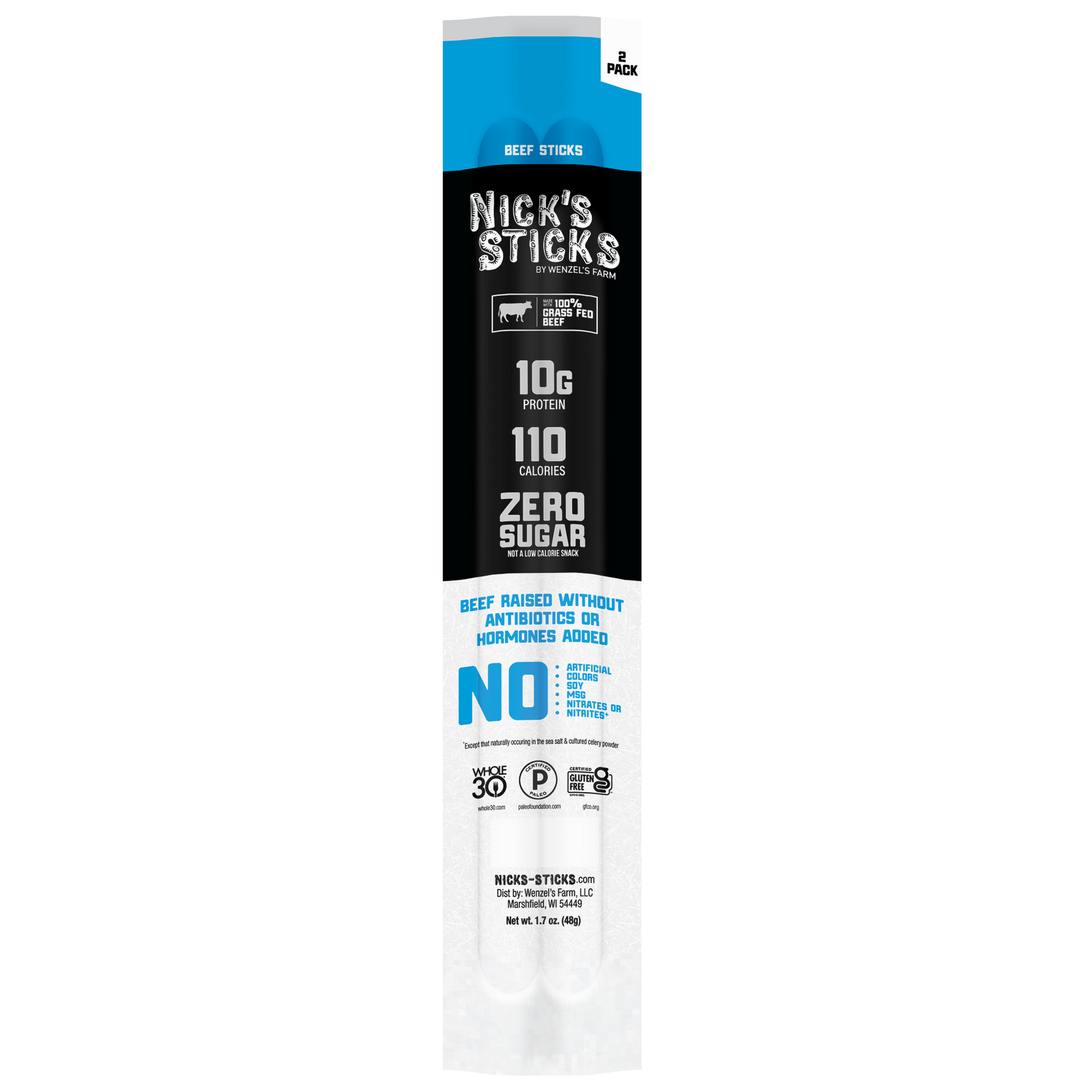 A packaged product of Nick's Sticks beef sticks features bold text highlighting 10g of protein, 110 calories, zero sugar, and claims of no antibiotics or hormones added, with a clean, modern design.
