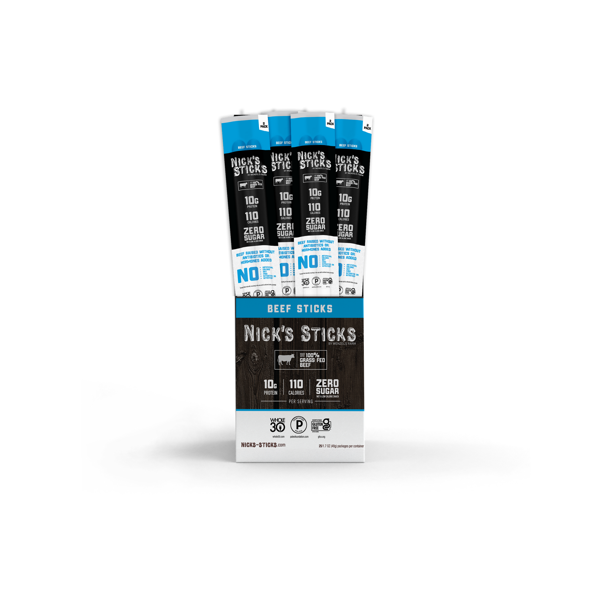 A package of Nick's Sticks beef sticks displays multiple sticks with nutrition information, highlighting 10 grams of protein, 110 calories, and zero sugar per serving on a rustic wooden background.