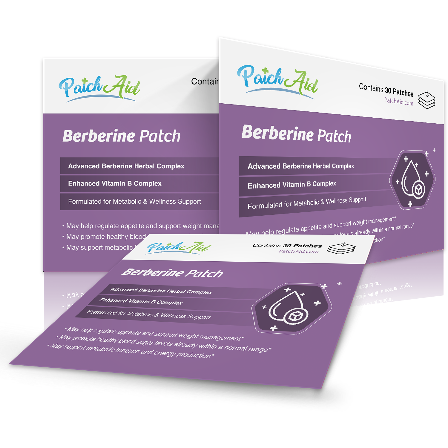 Three boxes of PatchAid's Berberine Patch are displayed, featuring a purple design with text highlighting its benefits for metabolic and wellness support, and indicating it contains 30 patches.