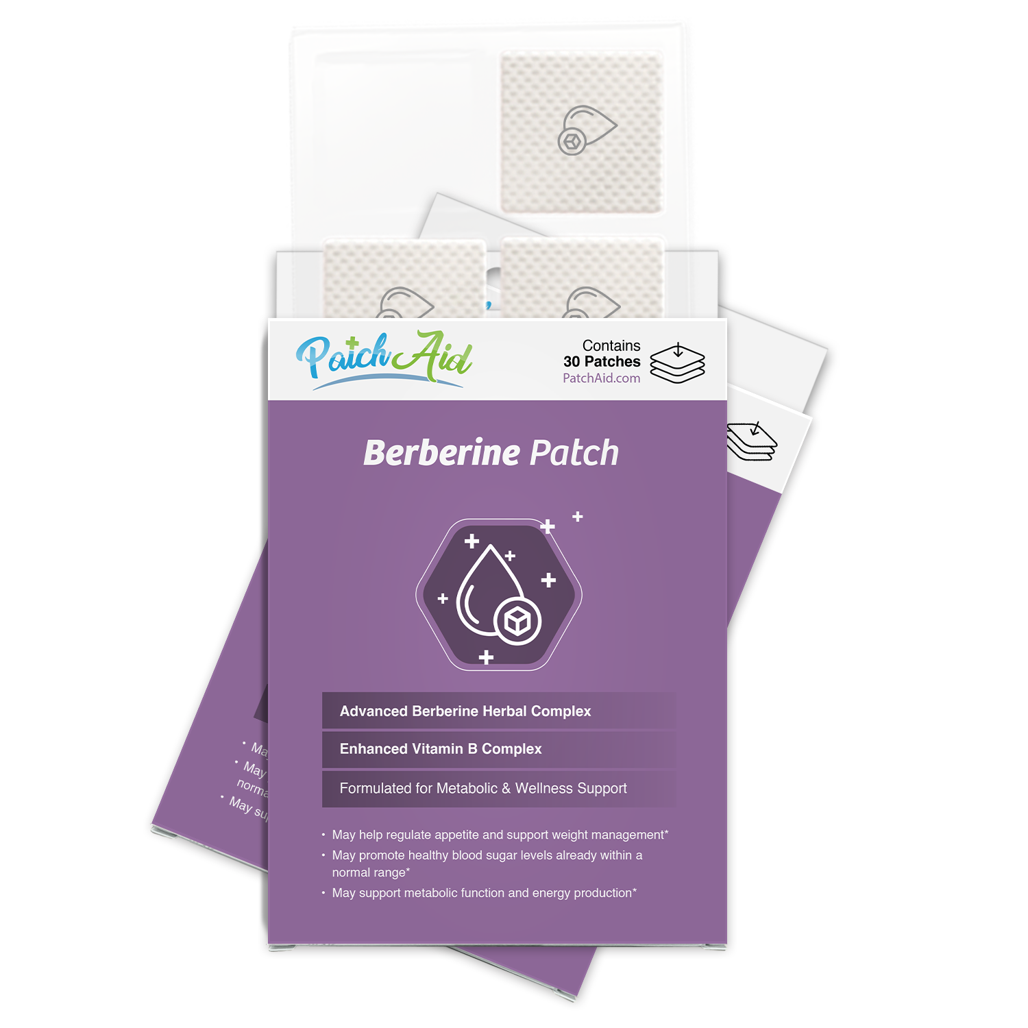 A purple box labeled "Berberine Patch" displays a product containing 30 patches designed for metabolic support, featuring details about its herbal complex and benefits for appetite and energy management.
